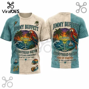 Jimmy Buffett Parrothead Nation t-shirt featuring tropical parrot, margarita, and ocean graphics on beige and teal fabric.!