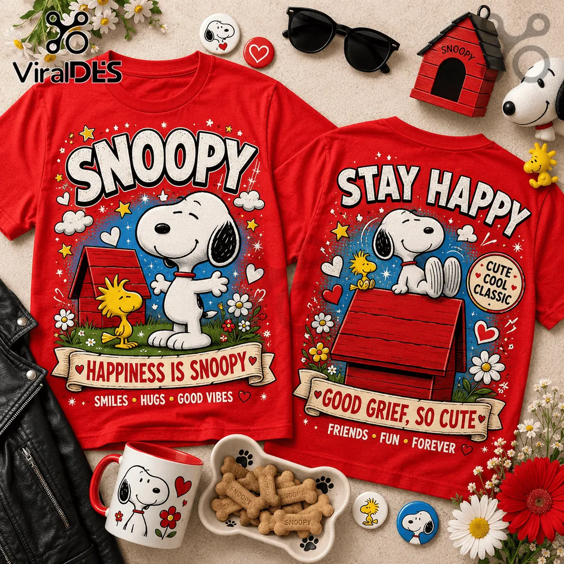 Snoopy and Woodstock Red Cotton Illustrated T-Shirt Snoopy and Woodstock Red Cotton Illustrated T-Shirt