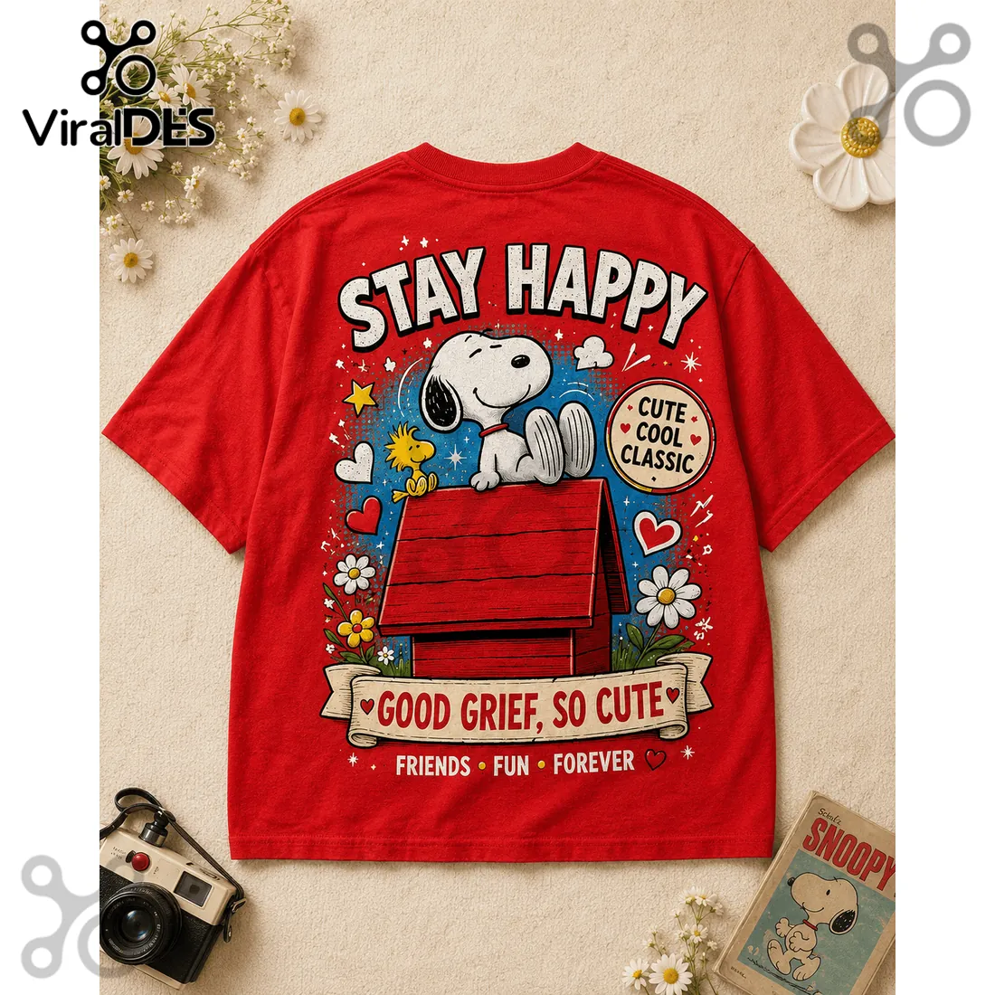 Snoopy and Woodstock Red Cotton Illustrated T-Shirt Snoopy and Woodstock Red Cotton Illustrated T-Shirt