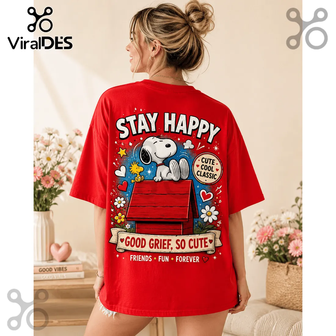Snoopy and Woodstock Red Cotton Illustrated T-Shirt Snoopy and Woodstock Red Cotton Illustrated T-Shirt