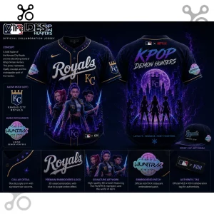 Kansas City Royals and KPOP Demon Hunters collaboration jersey in dark purple and blue with embroidered logos and graphics.!