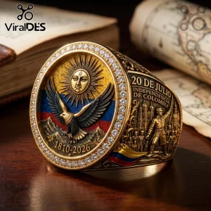 Gold Colombian independence ring featuring a sun, eagle, tricolor flag, and 20 DE JULIO inscription with diamond border.!