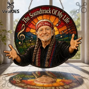 Willie Nelson stained glass suncatcher hanging in window with musical notes and text The Soundtrack Of My Life.!