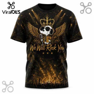 Black t-shirt featuring Snoopy with sunglasses, a crown, and wings holding a microphone with text We Will Rock You.!