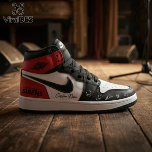 Custom Sleeping With Sirens leather high-top sneaker in black, white, and red with band logo and autograph graphics.!