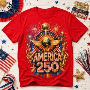 Red cotton t-shirt featuring a graphic of a globe, disco ball, American flags, trumpet, saxophone, and text America 250.!