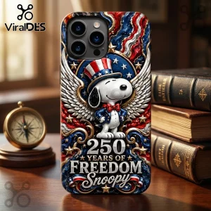 iPhone case featuring Snoopy in an Uncle Sam hat with American flag wings and the text 250 Years of Freedom Snoopy.!