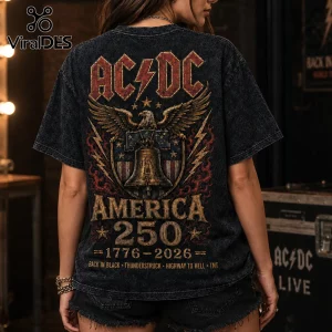 AC/DC America 250 graphic t-shirt featuring a bald eagle, Liberty Bell, and text on a black acid-wash fabric.!