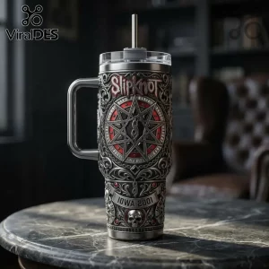 Slipknot stainless steel tumbler with engraved nonagram logo, red accents, Iowa 2001 text, skull motif, and metal straw.!