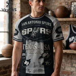 San Antonio Spurs graphic t-shirt featuring black and grey distressed jersey design with Texas USA and Est 1973 text.!