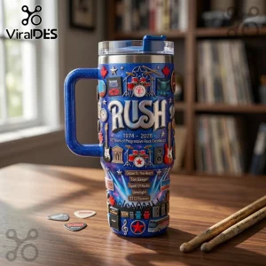Blue glitter insulated tumbler featuring Rush band graphics, song titles, drum kits, guitars, and 1974-2026 text.!