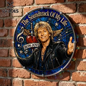 Circular stained glass wall art featuring Jon Bon Jovi with the text The Soundtrack Of My Life mounted on a brick wall.!