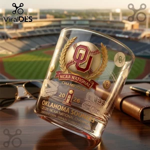 Oklahoma Sooners 2026 NCAA baseball whiskey glass featuring a gold baseball emblem, team logo, and championship text.!