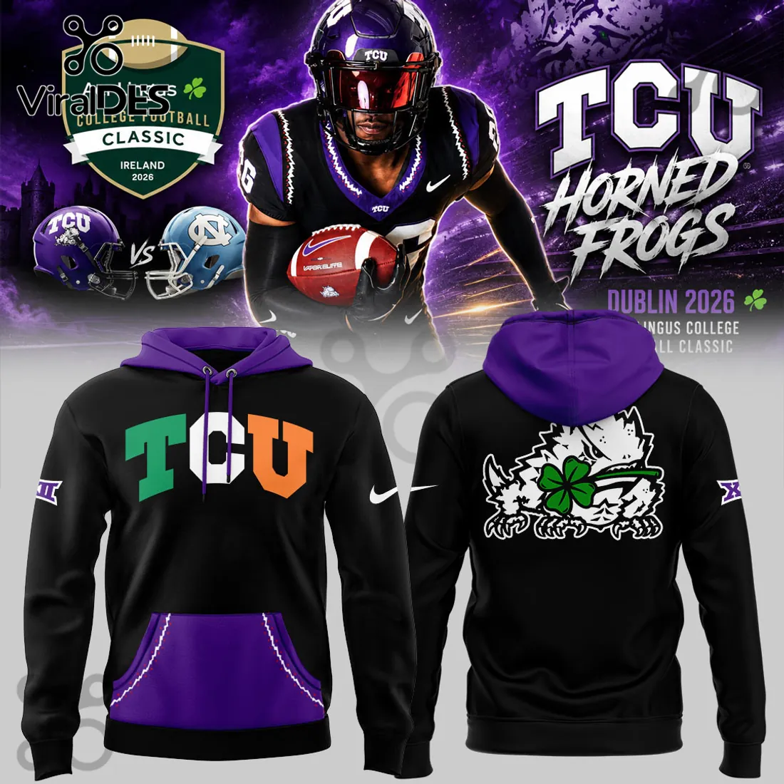 TCU Horned Frogs x Aer Lingus College Football Classic 2026 Black Mascot Hoodie TCU Horned Frogs x Aer Lingus College Football Classic 2026 Black Mascot Hoodie