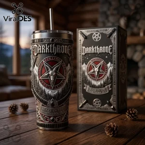 Darkthrone Blaze in the Northern Sky stainless steel tumbler with goat pentagram graphic and matching black gift box.!