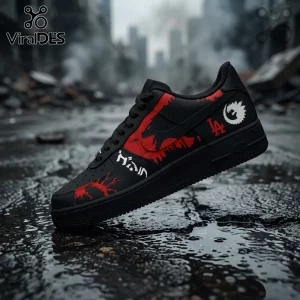 Black and red custom low-top sneaker featuring a Los Angeles Dodgers logo, Japanese text, and a white dragon graphic.!