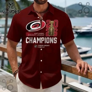 Burgundy button-down shirt featuring Carolina Hurricanes logo, 2006 Stanley Cup graphic, and text Champions.!