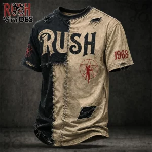 Rush band t-shirt featuring a black and beige split design, distressed stitching, Starman logo, and 1968 graphic print.!