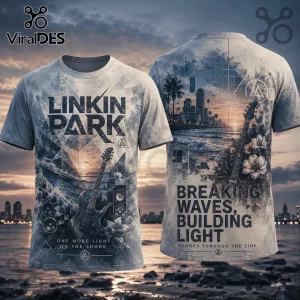 Linkin Park graphic t-shirt featuring sunset city skyline, electric guitar, and waves on light grey fabric background.!