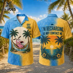 Courage the Cowardly Dog button-down shirt with blue and yellow split design, palm trees, and beach text graphics.!