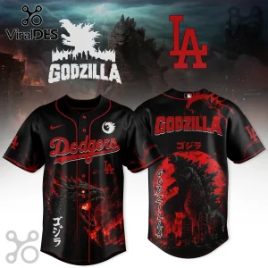 Black and red LA Dodgers Godzilla baseball jersey featuring monster graphics, Japanese text, and team logos on both sides.!