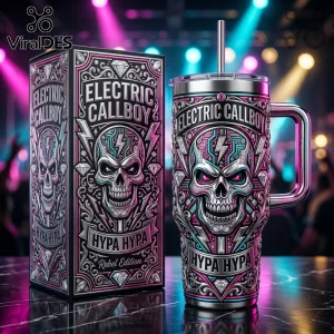 Electric Callboy Hypa Hypa stainless steel tumbler with skull artwork, pink and blue accents, and matching display box.!