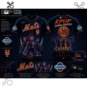 New York Mets and KPOP Demon Hunters collaboration baseball jersey in navy with orange and blue graphic anime artwork.!