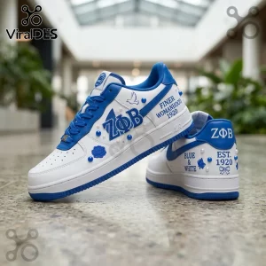 Zeta Phi Beta themed white leather sneakers with royal blue accents, ZPhiB lettering, pearls, and 1920 text details.!