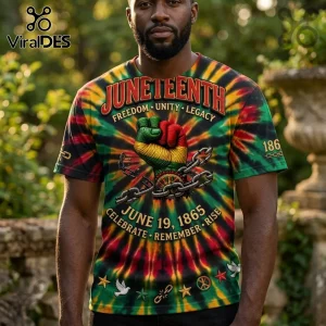Juneteenth t-shirt with red, green, and yellow tie-dye, raised fist, broken chains, and 1865 text on a model.!