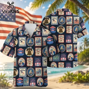 Short-sleeve button-down shirt with vintage American postage stamp pattern featuring Uncle Sam, Liberty Bell, and flags.!