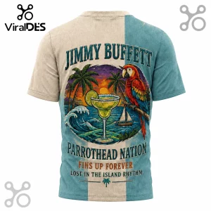 Jimmy Buffett Parrothead Nation t-shirt with parrot, margarita glass, palm trees, and ocean sunset graphic on blue background.!