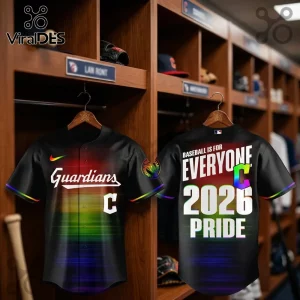 Cleveland Guardians 2026 Pride baseball jersey featuring rainbow gradient colors and text reading Baseball Is For Everyone.!