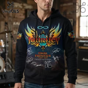 Black zip-up hoodie featuring a Journey Final Frontier Tour 2026 graphic with winged logo and band member signatures.!