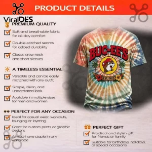 Buc-ee's tie-dye crew neck t-shirt with logo graphic, featuring palm trees and tropical flowers on a multi-color print.!