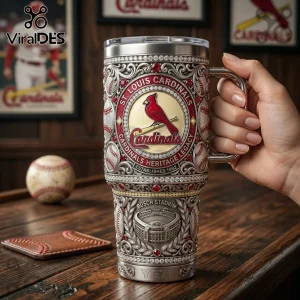 St. Louis Cardinals stainless steel tumbler featuring red gems, baseball motifs, and a sculpted Busch Stadium relief.!