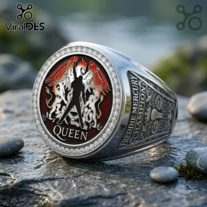 Silver Queen band signet ring featuring Freddie Mercury crest, red enamel inlay, crystal border, and engraved shank.!