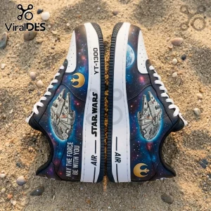 Star Wars custom sneakers featuring Millennium Falcon, Rebel Alliance logo, galaxy print, and text on sandy beach ground.!