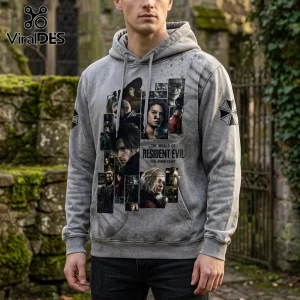 Grey Resident Evil 30th anniversary hoodie with character collage and Umbrella Corporation logos on sleeves.!