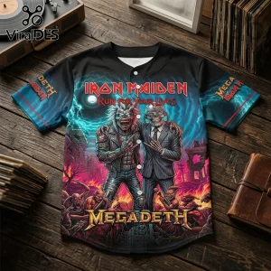 Iron Maiden and Megadeth graphic baseball jersey featuring Eddie and Vic Rattlehead on a fire and lightning background.!