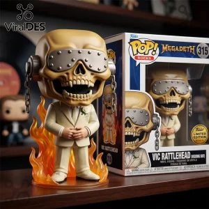 Vic Rattlehead Wedding Suit Funko Pop vinyl figure with metallic visor and chains standing on a translucent orange flame.!