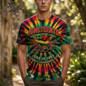 Juneteenth t-shirt with red, black, yellow, and green tie-dye pattern, raised fist graphic, and breaking chain design.!