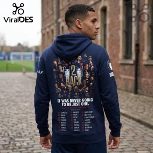 Navy blue PSG soccer hoodie featuring a 2023-2024 team graphic, trophies, and player names printed on the back.!