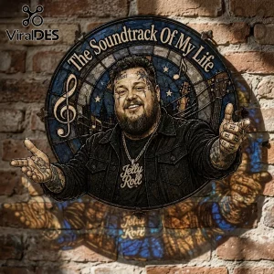 Stained glass wall art featuring Jelly Roll, with text The Soundtrack Of My Life, musical notes, and blue star accents.!