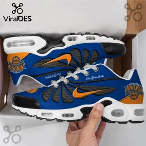New York Knicks themed running shoes in blue, orange, and white with black mesh details and NBA Champions 2026 logo.!