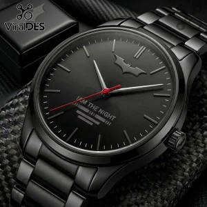 Batman themed black stainless steel analog watch with bat symbol at twelve o'clock and text I AM THE NIGHT on dial.!