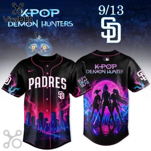 San Diego Padres baseball jersey with neon pink and blue city skyline, demon hunter silhouettes, and K-Pop text prints.!