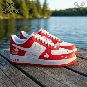 Custom red and white Nike Air Force 1 sneakers with Toronto Tempo text, a maple leaf icon, and personalized name space.!