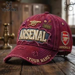 Distressed maroon baseball cap featuring Arsenal FC embroidery, 1886 text, cannon logo, and customizable Your Name text.!