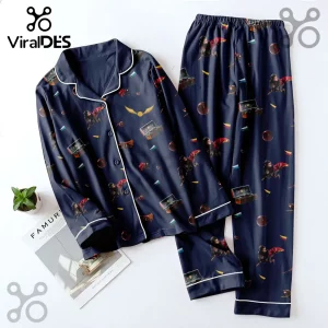 Navy blue Harry Potter pajama set with button-down shirt and pants featuring golden snitch and Quidditch graphics.!