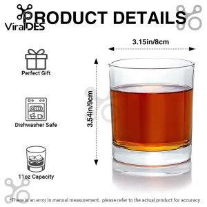 Clear 11oz whiskey tumbler glass with amber liquid, 3.15 inch width and 3.54 inch height labels, dishwasher safe icon.!